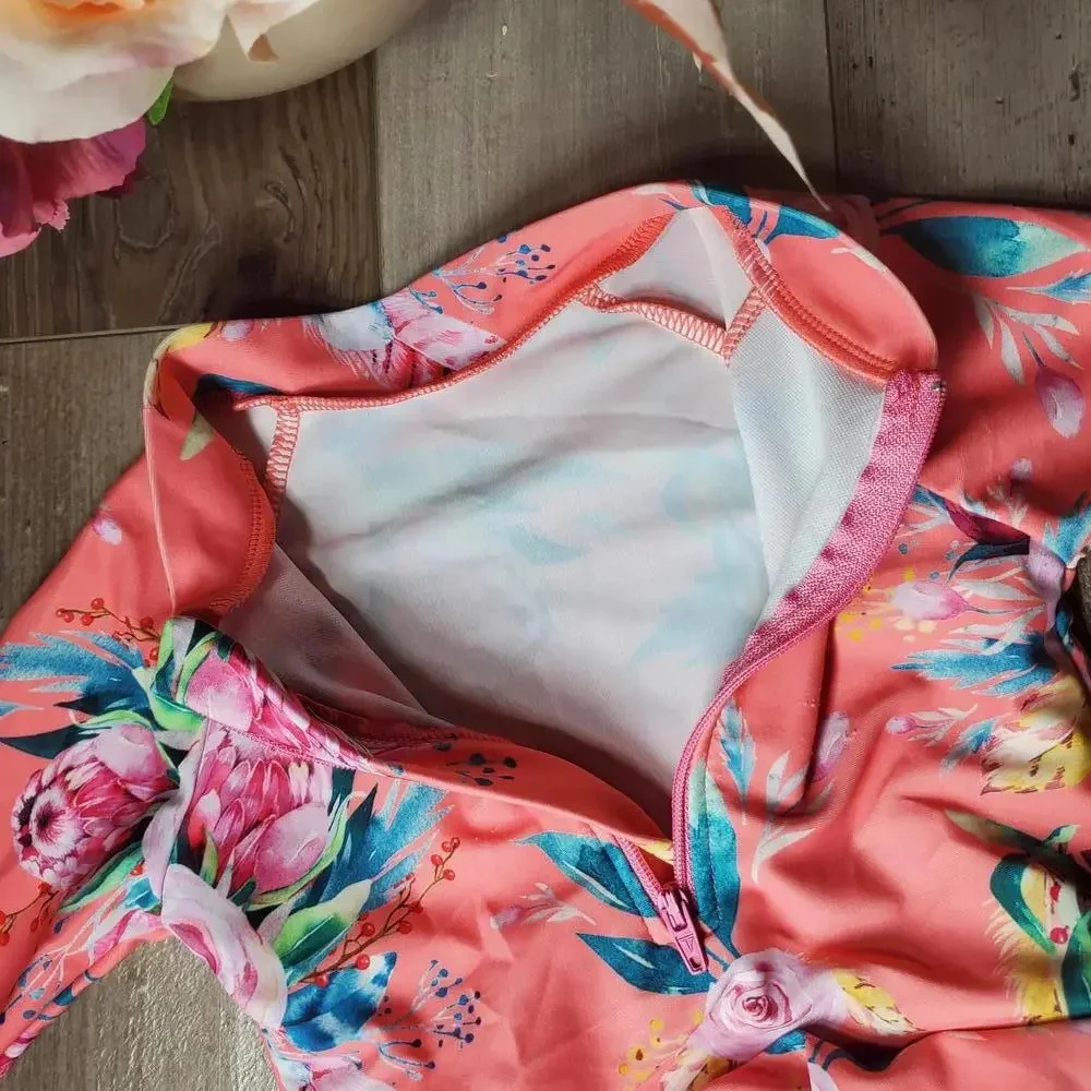 SHEIN Baby Girl Floral Print Raglan Sleeve Peplum One Piece Swimsuit Size 80
